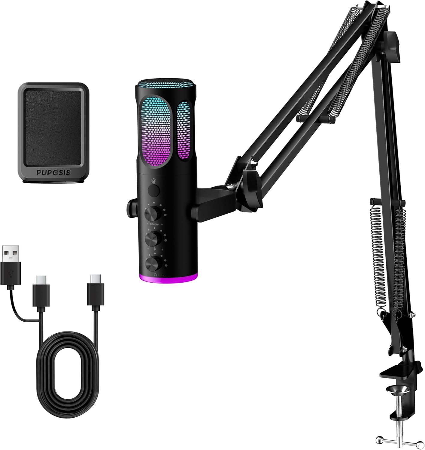 Gaming Microphone, USB Condenser Mic for PC, PS4/5 and Mac, Noise Cancellation Computer Mic with Mute, Reverb, Monitoring, Adjustable Boom Arm, Pop Filter for Streaming/Podcasting/Recording/YouTube