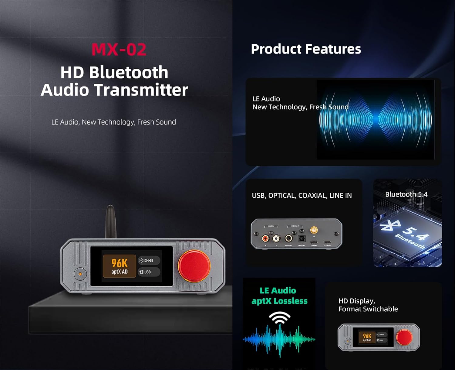 xDuoo MX-02 HD Bluetooth 5.4 Audio Transmitter - LE Audio, and aptX Lossless for Ultra-Low Latency, Bluetooth Dongle for PC/TV/CD Players/PS5, Wireless Lossless Transmitter for Speakers/Headphones