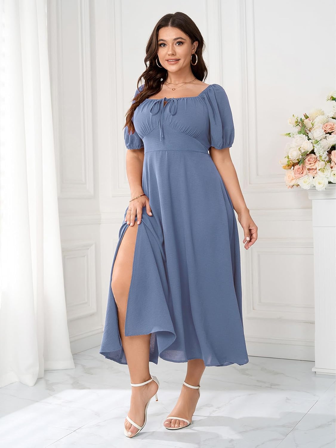 Women's Plus Size Summer Dress Short Sleeve Square Neck Milkmaid Dress Tie Front Split A-Line Maxi Long Dresses - Image 5