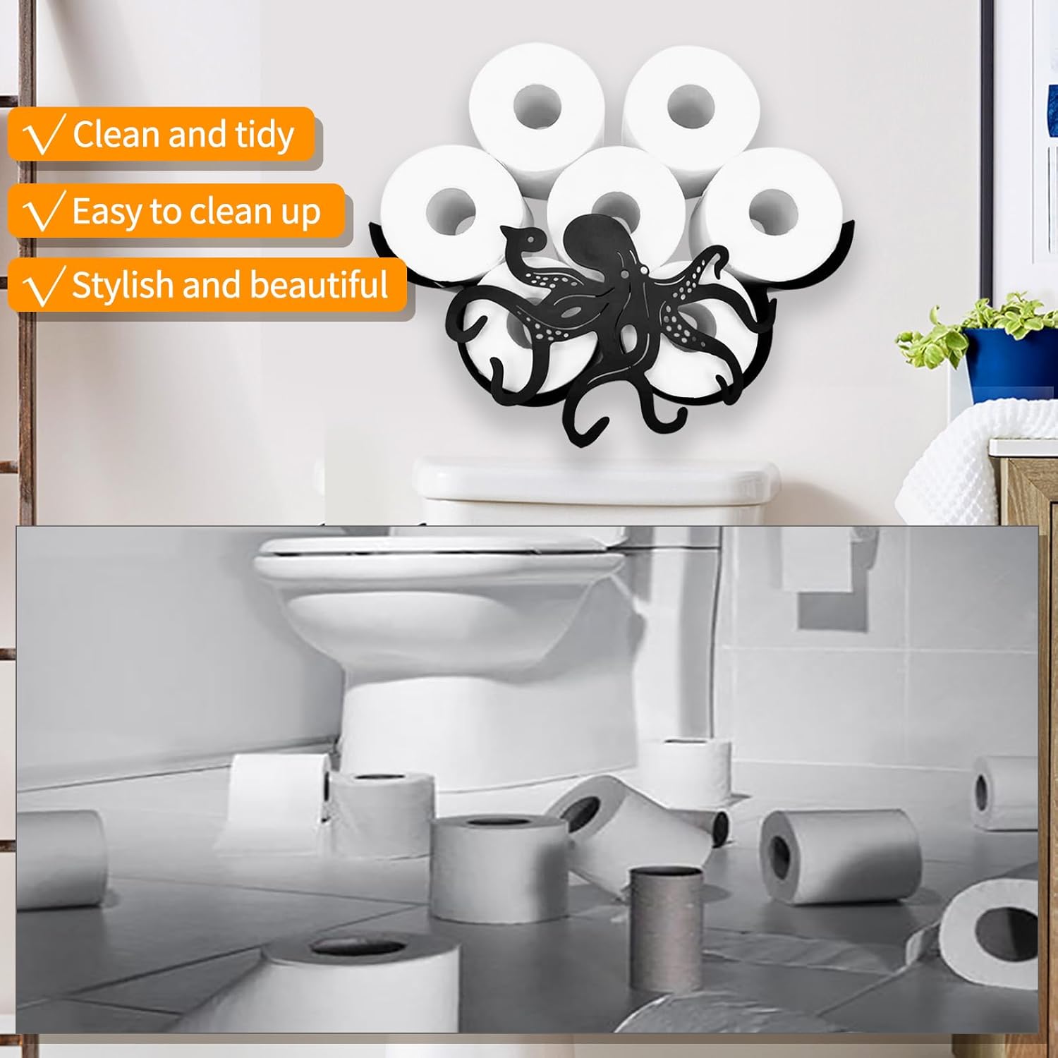 Funny Octopus Toilet Paper Holder,Black Metal Toilet Paper Storage,Space-Saving Toilet Paper Holder Wall Mount, Octopus Bathroom Decor,Perfect Bathroom Accessory for Neatness and Easy Access