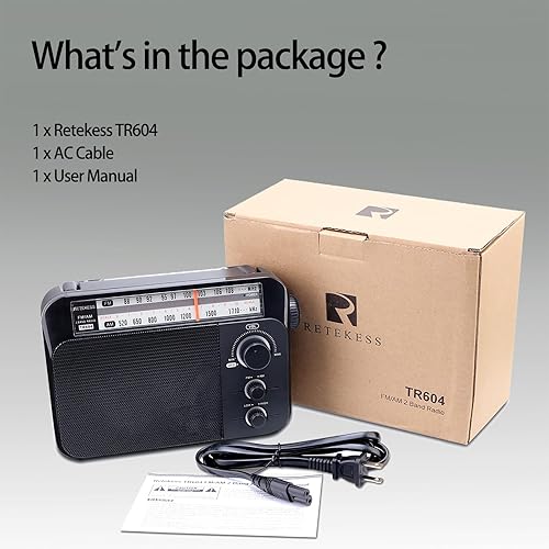 Miniatura 6 de Retekess Radio FM TR604 AM, radio portátil enchufable en pared, funciona con batería D, esfera grande, modo de tono alto/bajo, altavoz grande, Negro