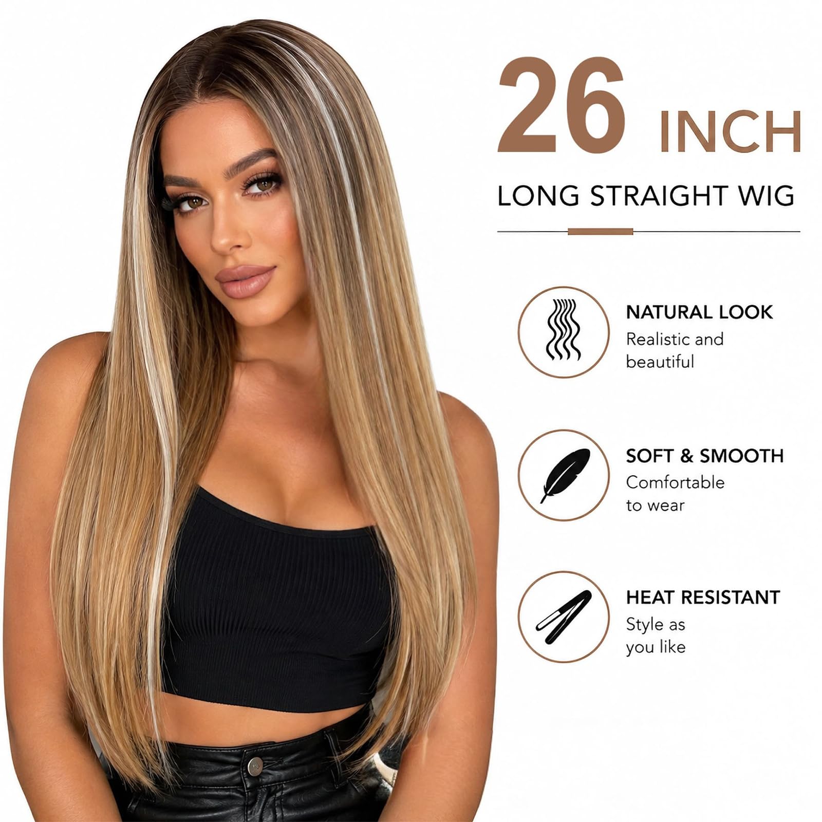 Parrucche Lunghe 26 Pollici Castane Con Effetto Ombré Per Donna