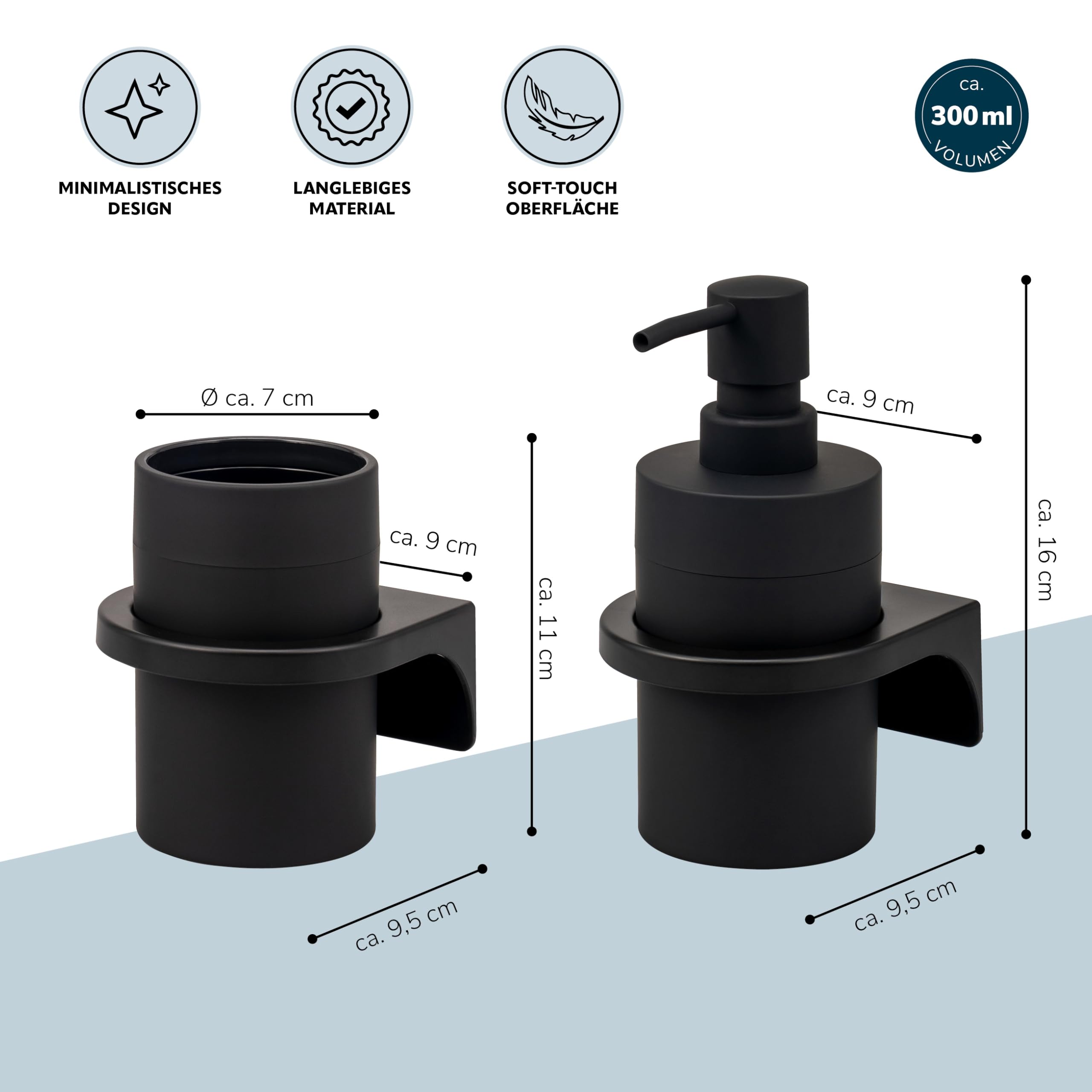 bremermann Badezimmer-Set Savona mit Soft-Touch Oberfläche inkl. Wandhalterung zum Kleben oder Bohren, rundes Bad-Accessoires Set 2tlg. aus 1x Seifenspender und 1x Becher aus Kunststoff (Schwarz)