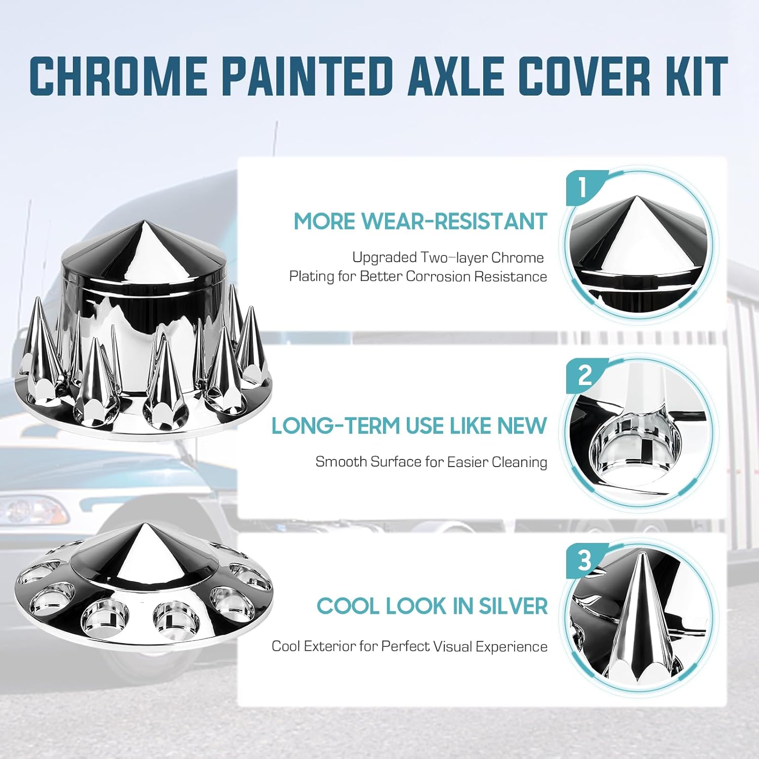 2 Front and 4 Rear Axle Wheel Covers Axle Cover 33mm Chromed Thread-On Lug Nut Covers with Removable Hub Caps for Semi Truck (Installation Tool Included)