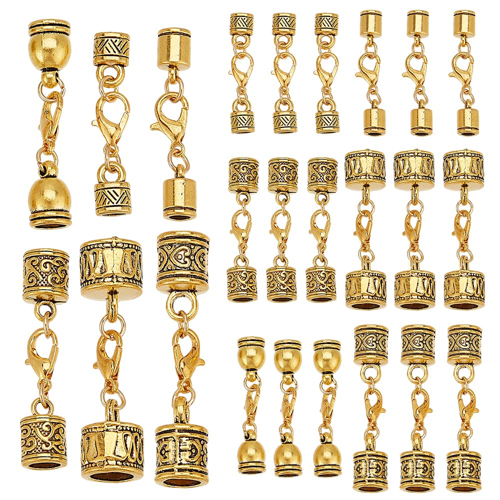 GOMAKERER 24 Sets Cord End Caps with Lobster Clasp Connector, 6 Styles Leather Cord End Caps Tibetan Alloy Tube Barrel End Tip Glue in Barrel End Caps for Necklace Bracelet Jewelry DIY Making