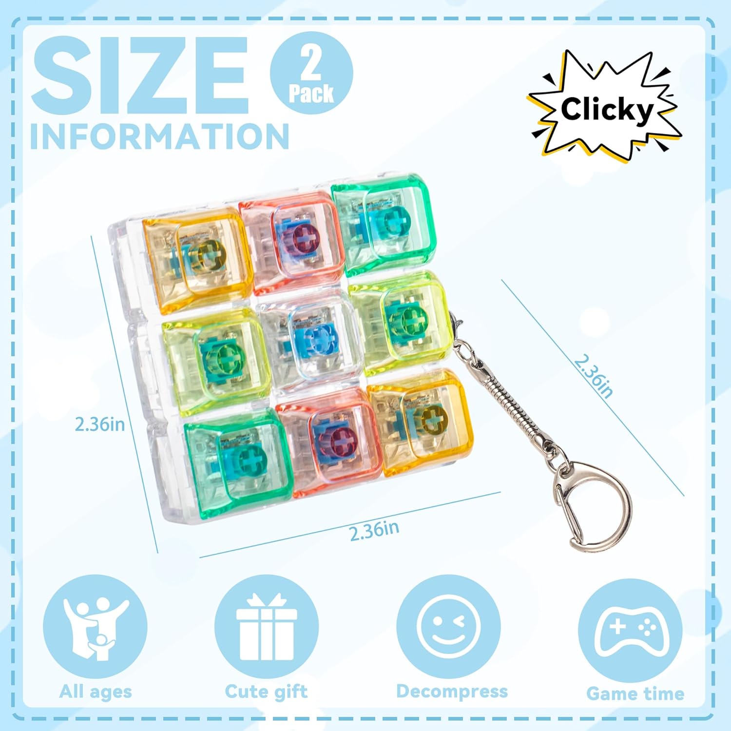 2 Pcs Colorful Transparent Keyboard Fidget Toys - 9 Keys Clicker Fidget Keyboard for Adults Relieve Stress and Anxiety Decompression Keyboard Keychain