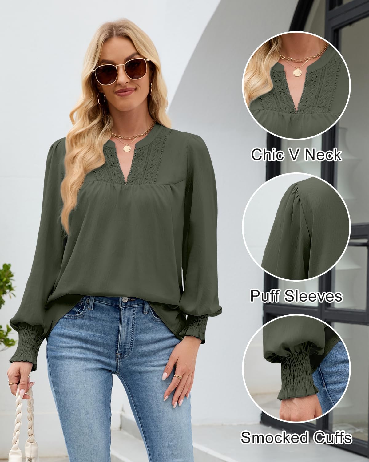 HEYTALALA Women's Puff Long Sleeve Shirts 2025 Fall Tops V Neck Casual Boho Work Blouses Dressy T Shirts - Image 6