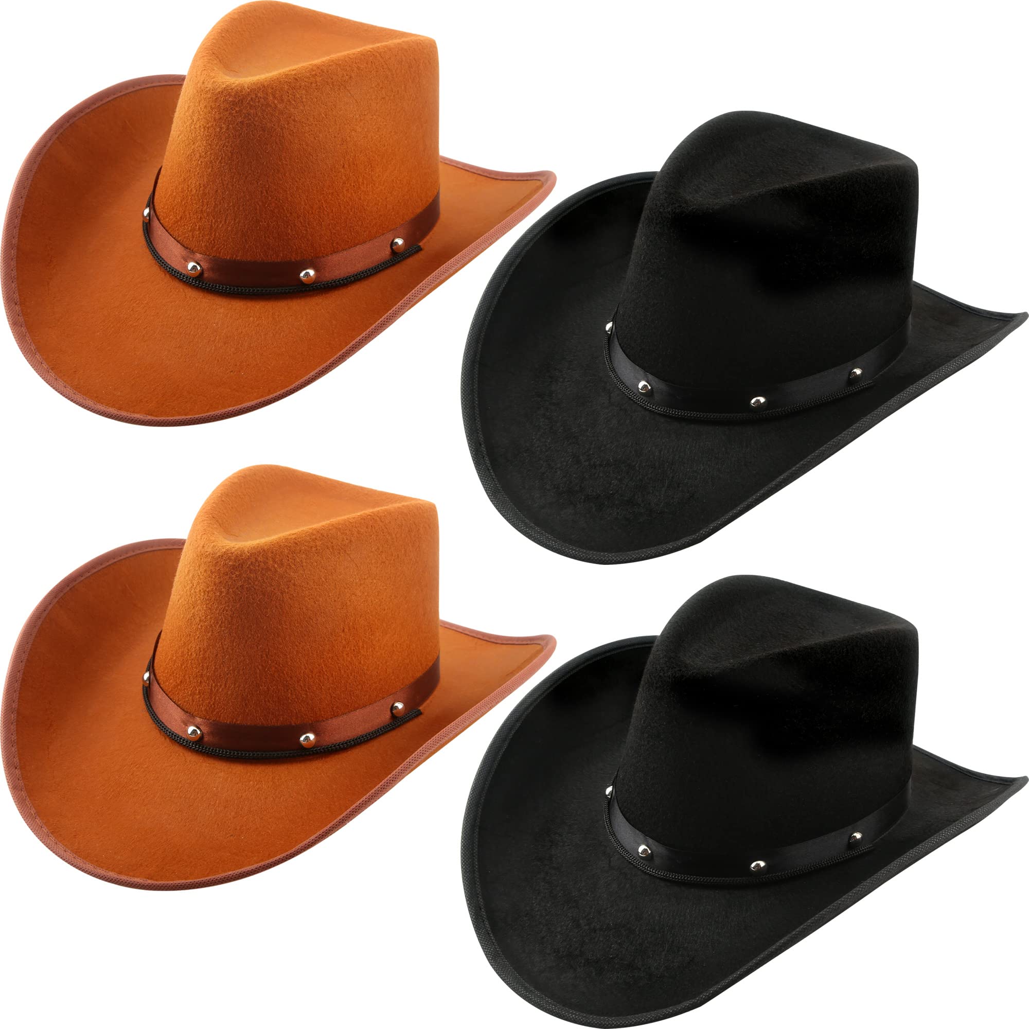 SGBETTER 4 Pack Cowboy Hat Felt Western Cowgirl Hat with Neck Drawstring for Adult Dress up Cowboy Theme Party Costume Accessory (Black,Brown)