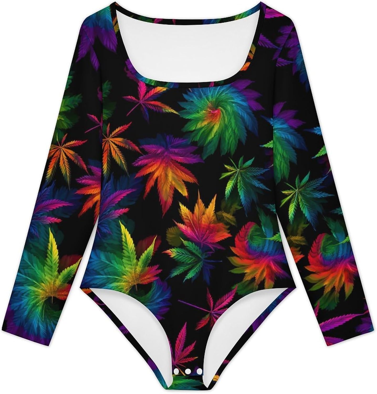 Tie-dye Weed Leaves Women's Bodysuits Long Sleeve Top 5XL