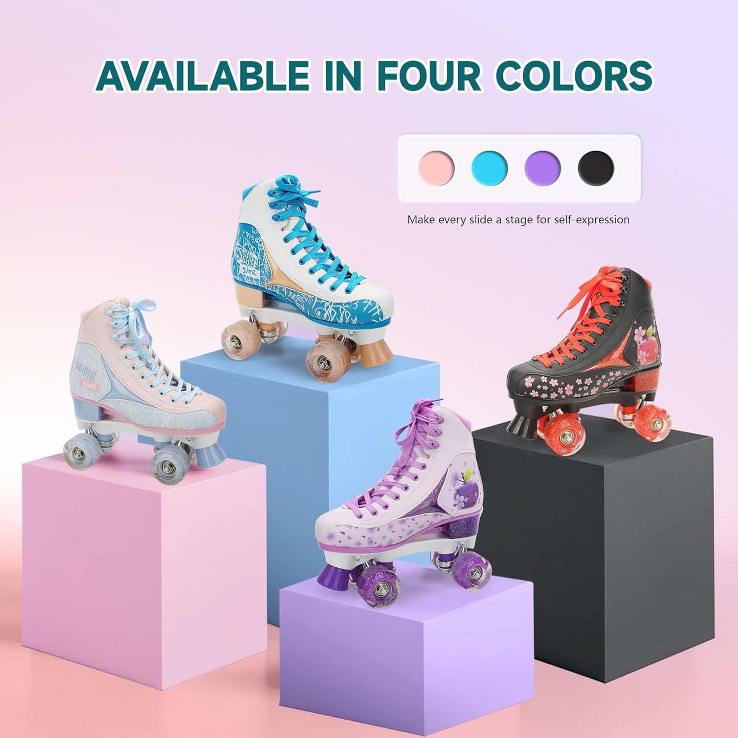 LKD Adjustable Roller Skates for Kids & Teens (Ages 6-18) – Comfortable Quad Skates with Half-Size Dial, Plush Velvet Lining, Anti-Blister Design – Trendy Two-Tone Colors Blue 7-8
