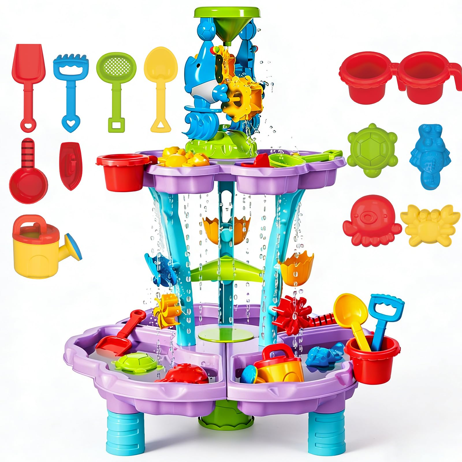 deAO Tavolo Acqua Bambini 3+ Anni – Tavolo Sensoriale Multilivello con Cascata e Fontana, Set 13 Accessori con Secchiello e Pale, Giochi da Esterno per Bambini Giardino Sabbiera