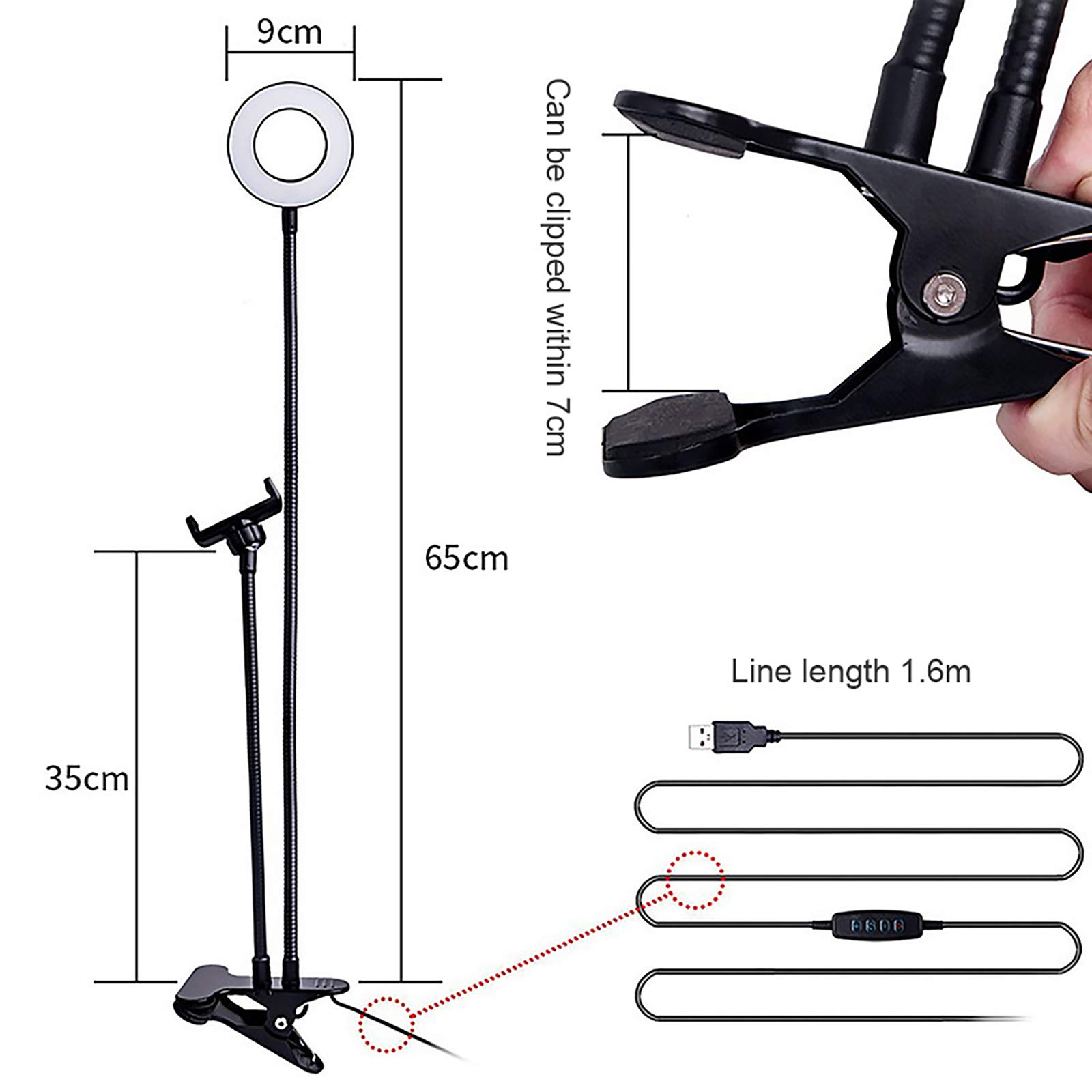 Anello Luminoso Selfie da 3,5 Pollici con Supporto Telefono Cellulare, Illuminazione a LED dimmerabile Rotante a 360 ° con Bracci Flessibili, Registrazione Video Trucco in Streaming dal Vivo