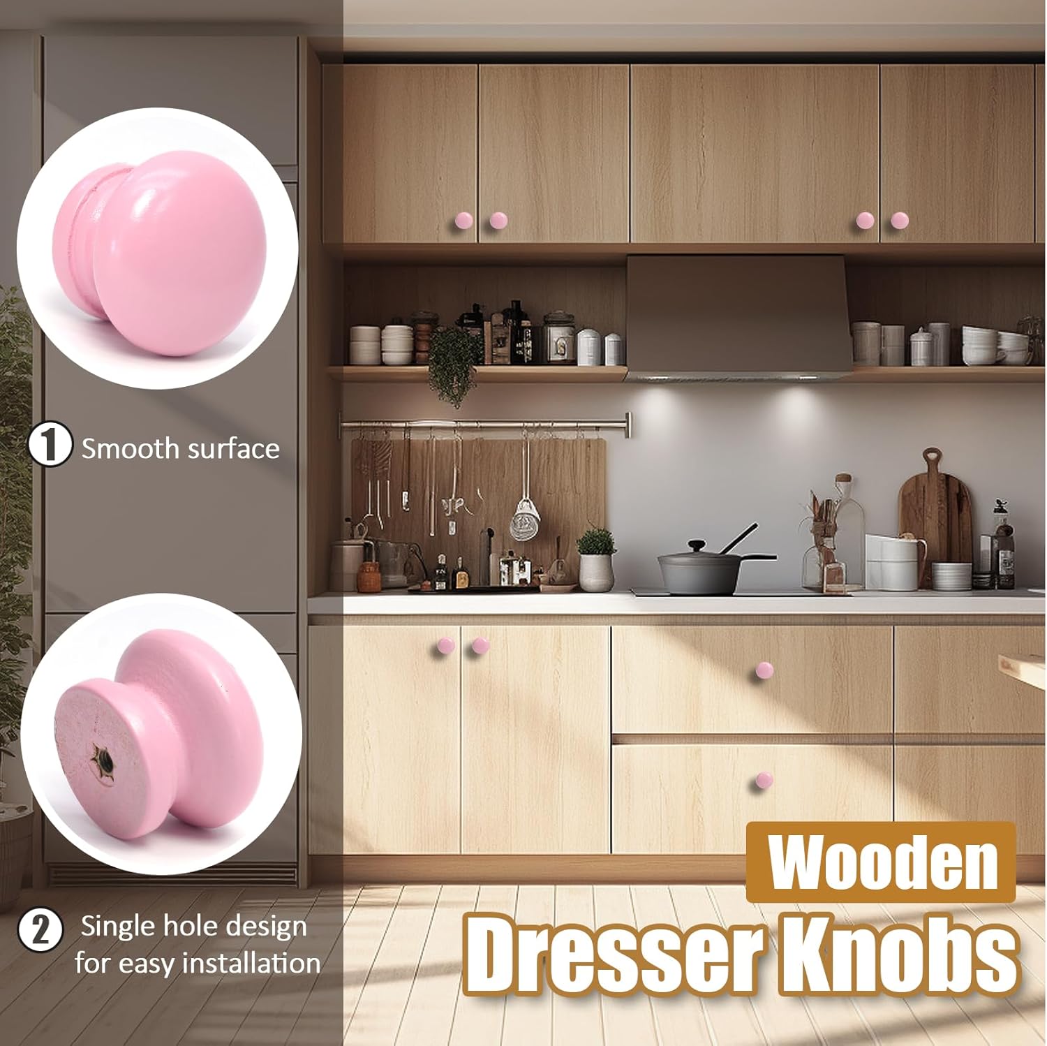 BokWin 20 Pack Pink Wood Drawer Knobs Mushroom Shape Cabinet Knobs Wooden Dresser Knobs Furniture Cabinet Pulls Handles