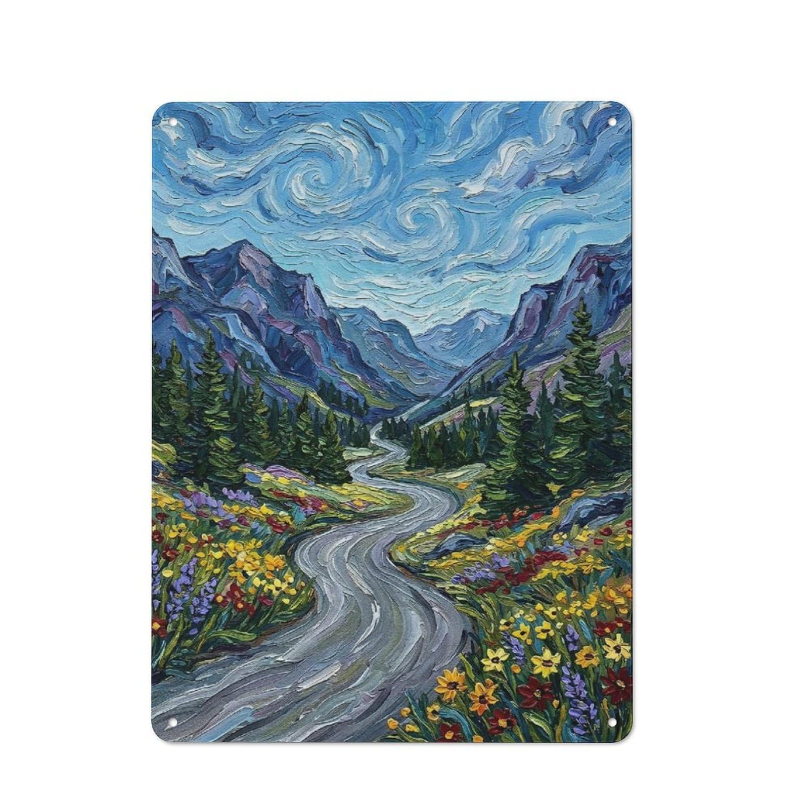 Junmoney Style-16 Metal Wall Sign 40X30cm Featuring Impressionistic Mountain Valley Landscape Painting For Bar Or Restaurant, Gift For Bar Decor Enthusiasts During The Christmas Season