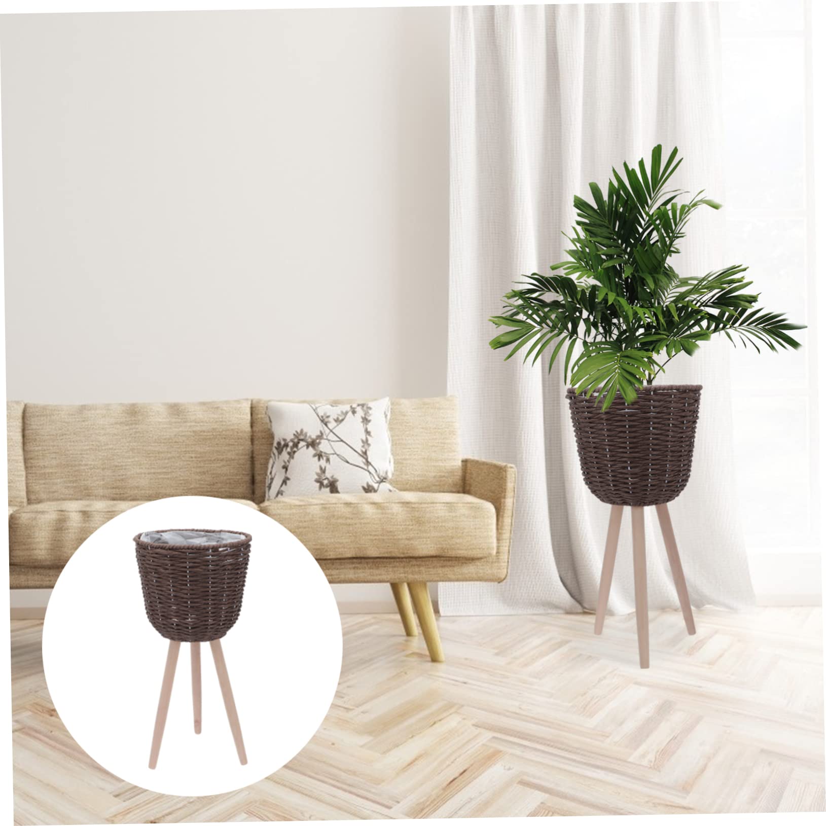 Yardwe Cestino Portapianta da Terra in Rattan e Legno con Staffa Angolare