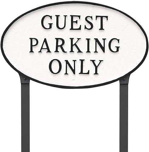 Montague Metal Products Placa ovalada de 10 x 18 pulgadas para estacionamiento de invitados con estaca de césped de 23 pulgadas, color blanconegro