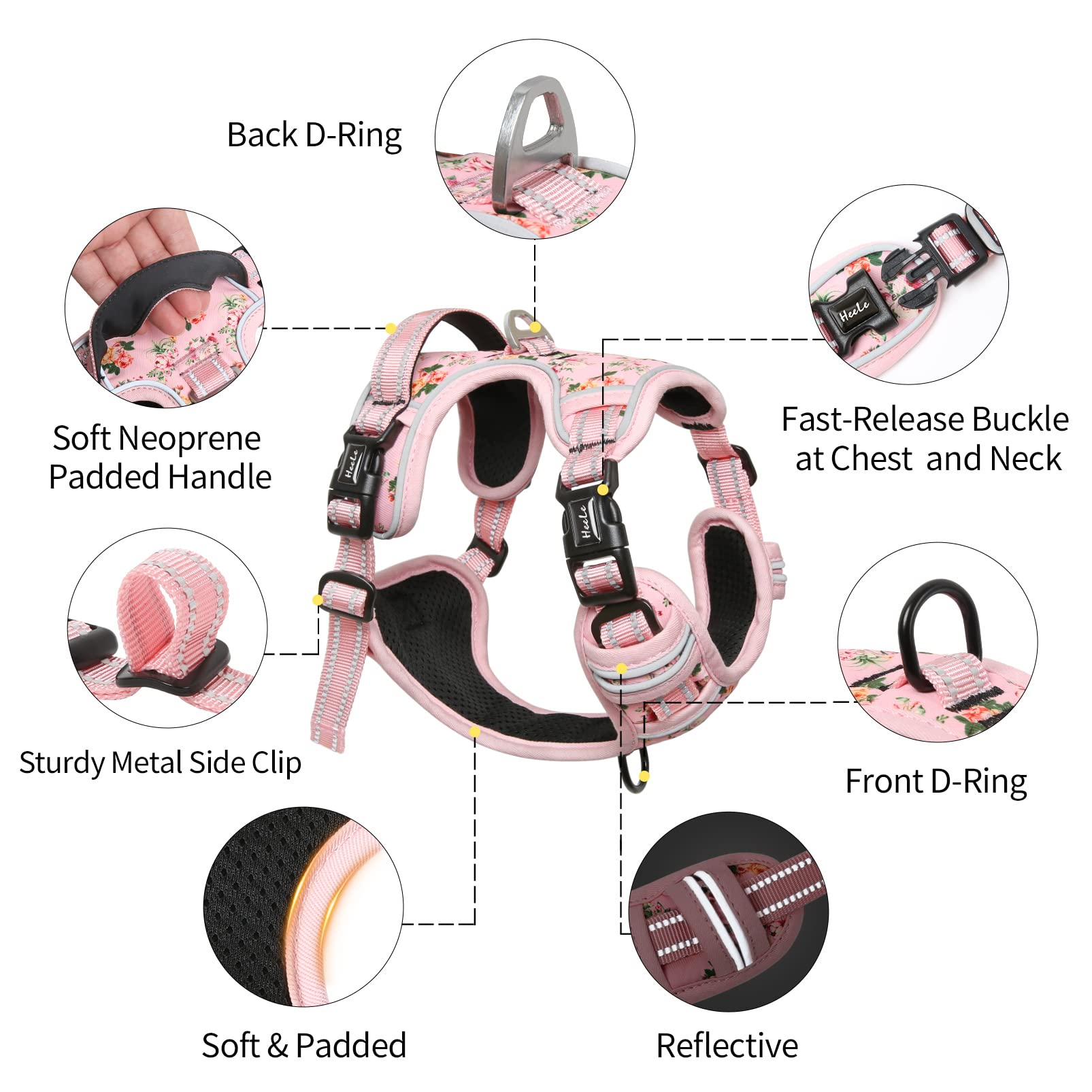 HEELE Pettorina Cane, Imbracatura Sganciata Rapido dal Collo, Pettorina Anti-tiro Riflettente e Regolabile con Maniglia Comoda, Morbida e Imbottita per Cani Piccola Media Grande, Floral-Rosa XS