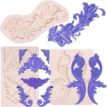 Baroque Silicone Molds Relief Chocolate, Border Feather Scroll Mold for Wedding Cake Decoration, Cupcake Toppers Clay Candy