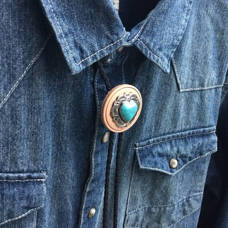 Heart Turquoise Bolo Tie for Women Men - Adjustable Leather Cord Western Cowgirl Necktie - Shirt Knot Necklace Accessory