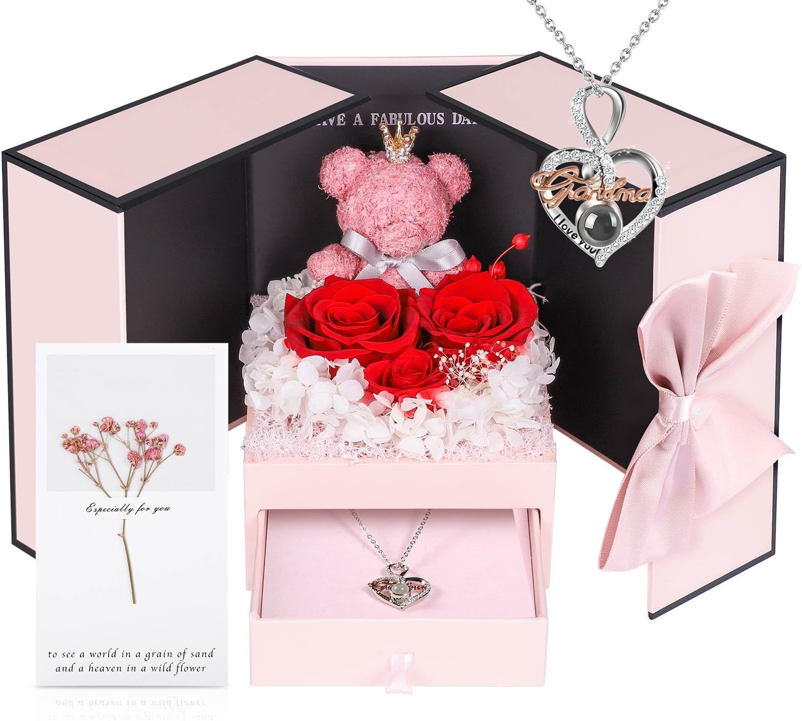 ADDWel Great Gifts for Grandma, Preserved Real Roses with I Love You 100 Languags Grandma Silver Necklace, Cute Bear and Eternal Roses for Grandmother Nana Birthday Christmas Valentines Day