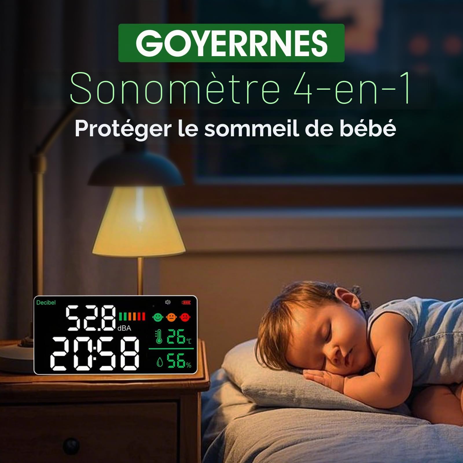 Sonomètre Décibel, écran LED, sonomètre réglage de la luminosité 30-130 dBA gamme 4 en 1, bruit, temps, température et humidité, adapté pour la maison, le bureau, etc