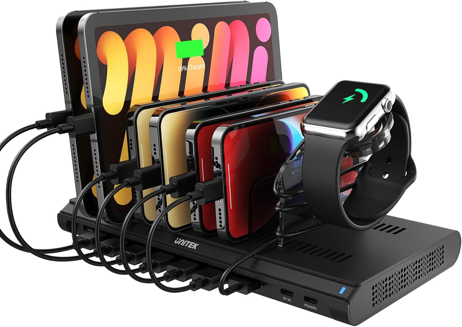 Unitek USB Charging Station 120W 10 Fast Port Multi Charge Docking Hub for Multiple Apple Devices with QC 3.0 PD 45W Port, Charger Organizer Compatible with iPad, iPhone, Tablet, iwatch,Cell Phone