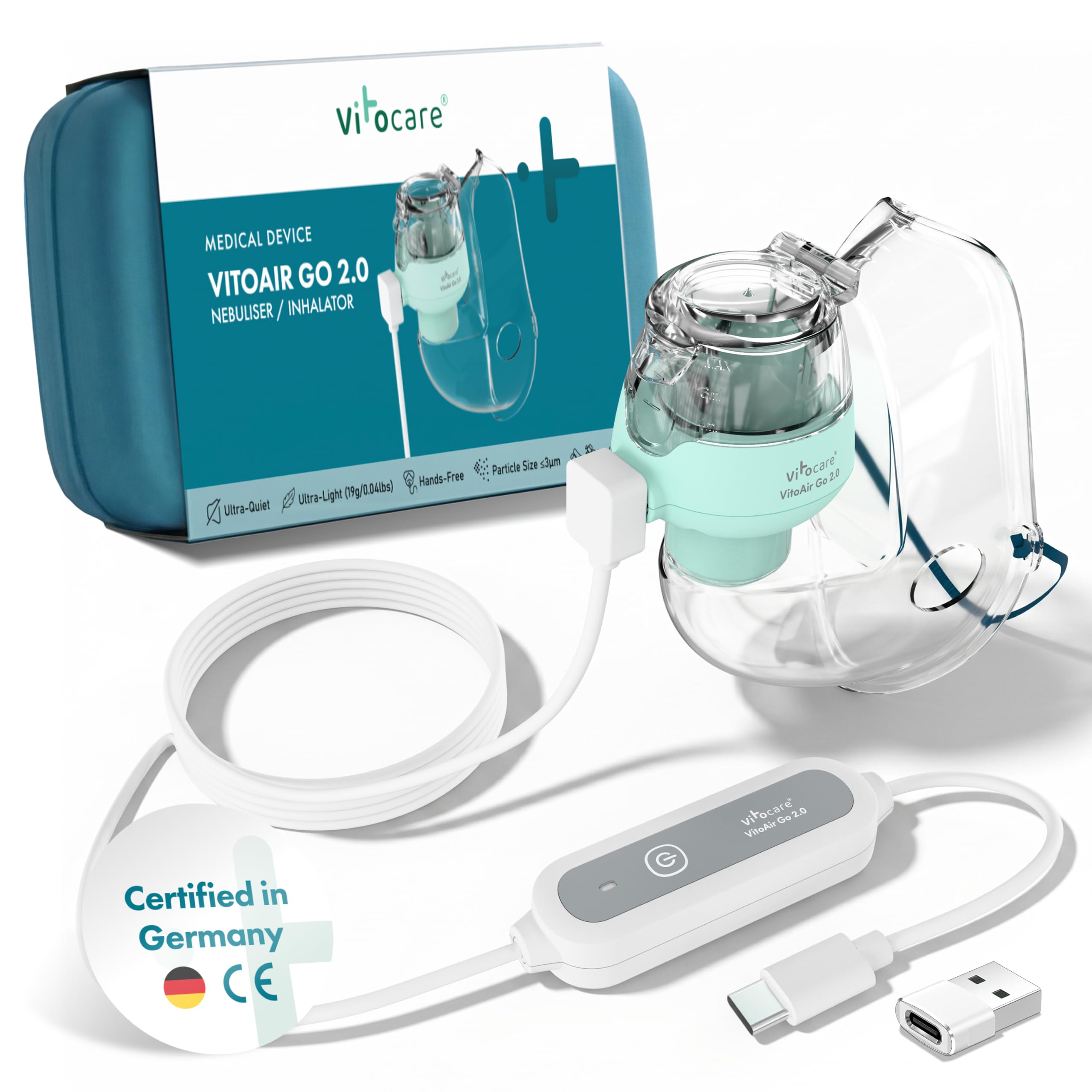 Nebulizzatore per adulti e bambini – vitocare VITOAIR Go 2.0, inalatore ultraleggero con 2 misure di maschera, USB-C e USB, portatile