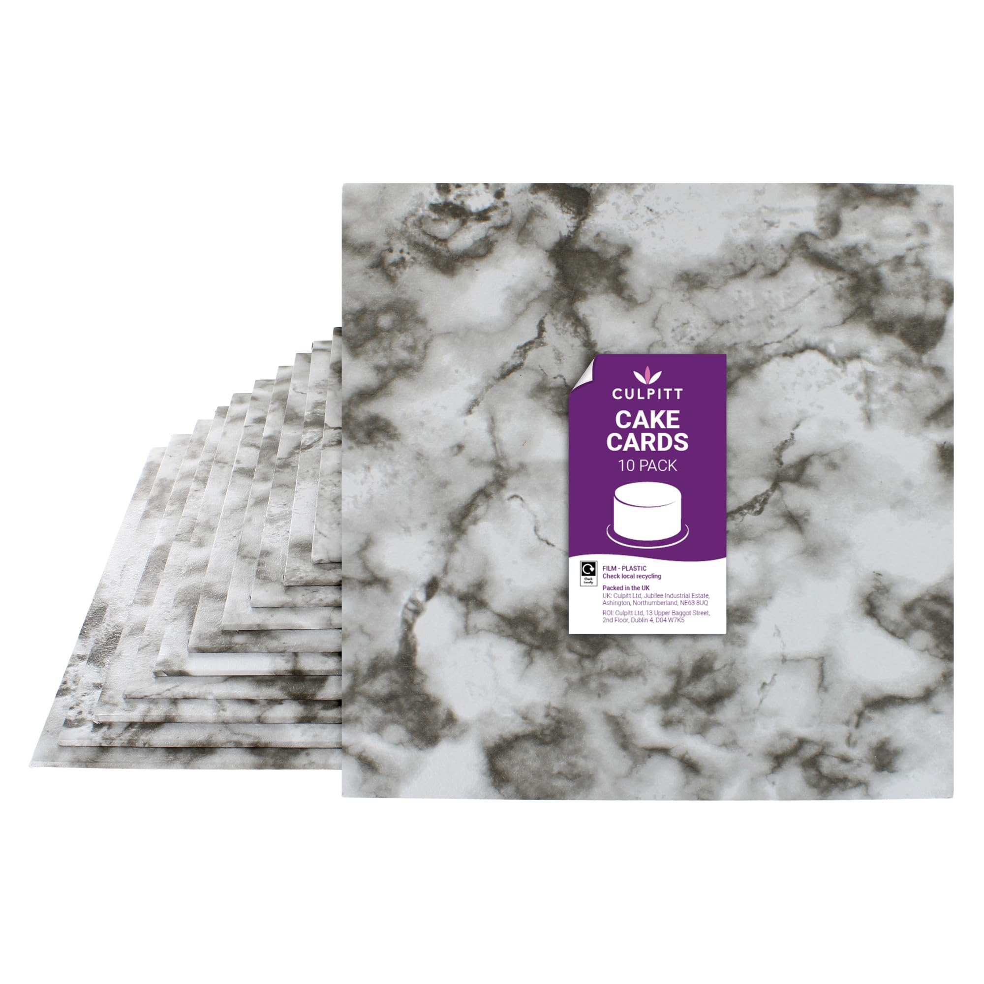 Culpitt 10" Double Thickness Cake Card, Marble Print Square Boards, 3mm Thick, 10 Pack - 10 Inch