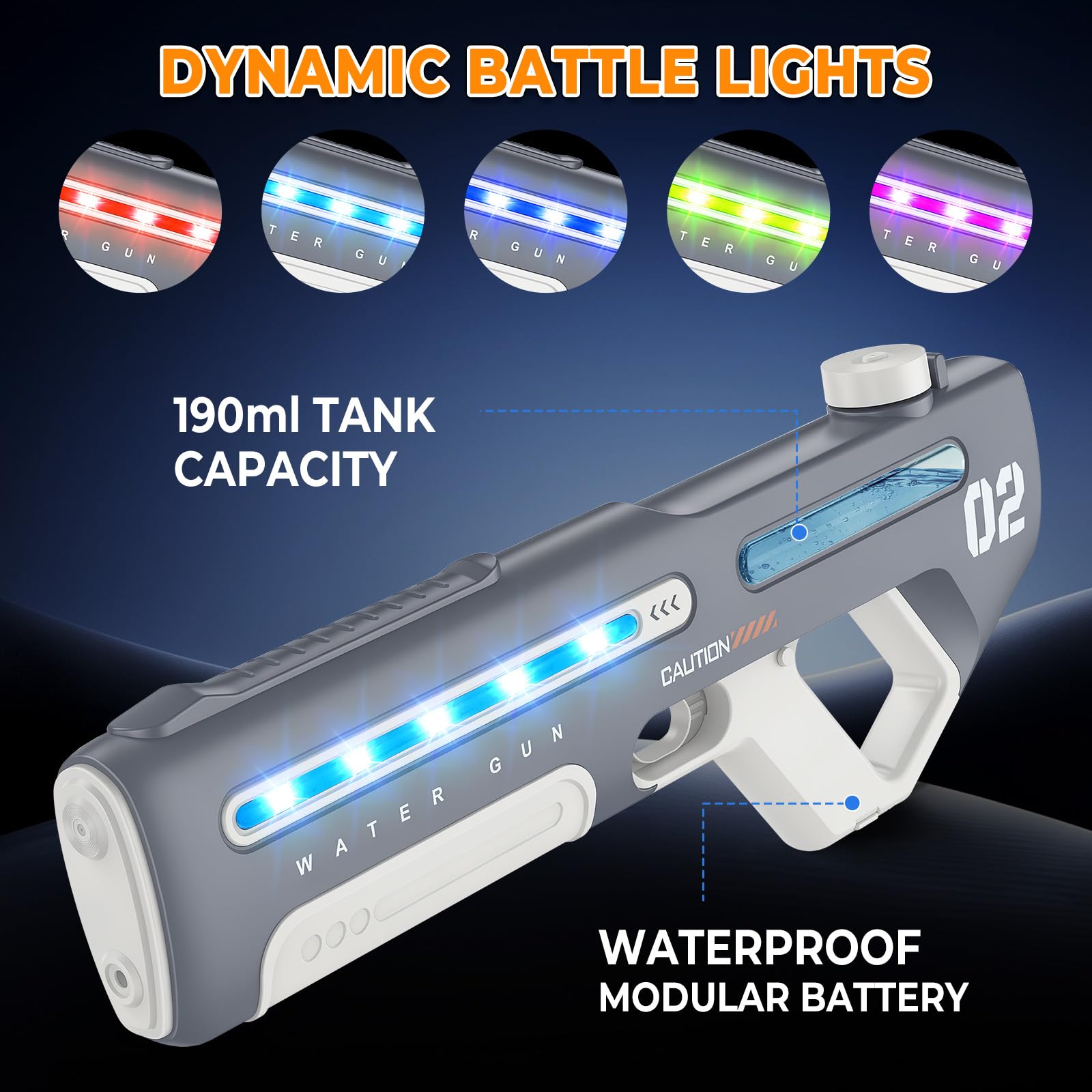 Pistolet à Eau Électrique, Pistolet a Eau Puissant avec Absorption Automatique de l'eau pour Enfant et Adultes, Lumières LED, Tir Continu Portée 8m, Jouet Extérieur Été pour Plage, Piscine (Gris)