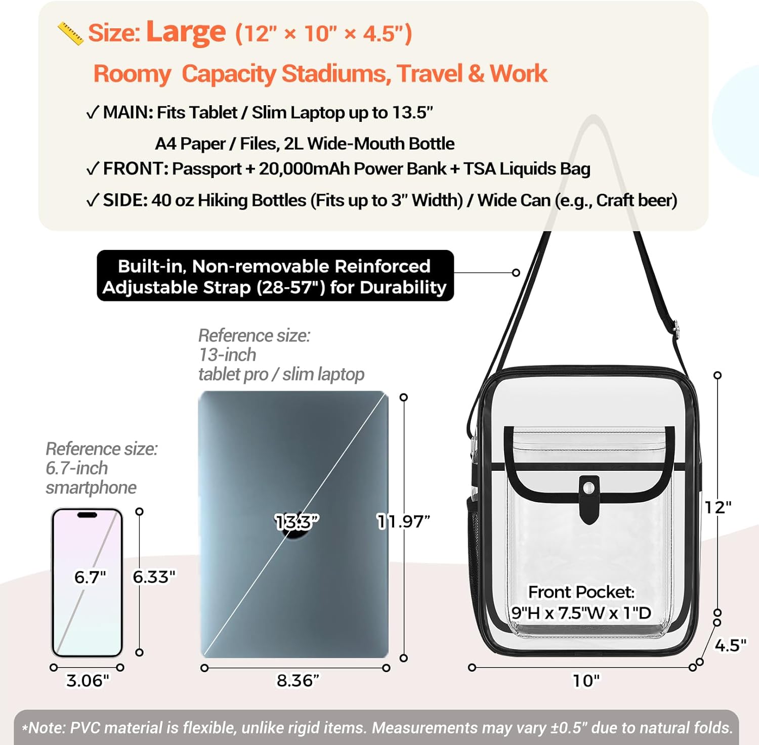 SPODEARS Clear Crossbody Bag for Stadium, Concert, Festival & More - Adjustable Shoulder Strap & Bottle Holder - Image 7