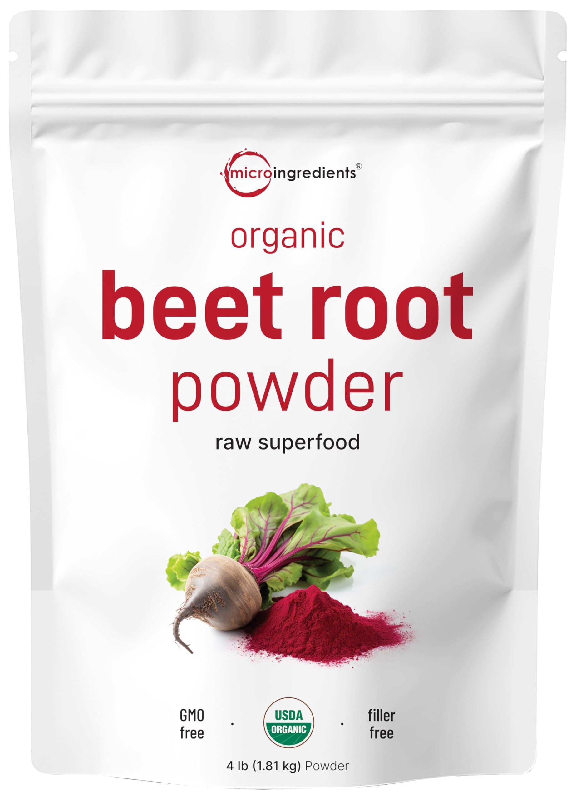 Micro Ingredients Organic Beet Root Powder, 4 Pounds | Nitric Oxide Supplement for Men & Women | Water Soluble, Highly Concentrated Raw Beet Supplement | Superfood Drink Mix | Non-GMO, Plant Based