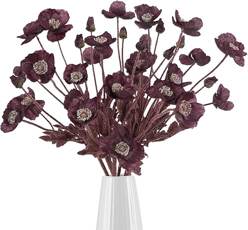 IPOPU Flores artificiales de amapola de ciruela, 8 unidades, flores de amapola de seda con tallos, arreglos florales de seda para centros de mesa de