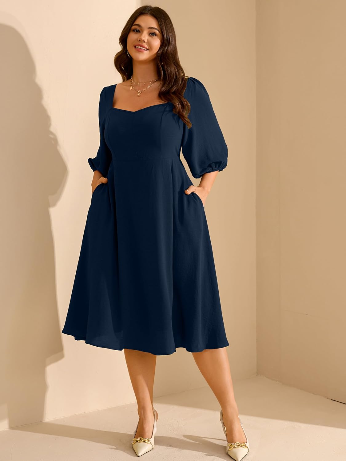 RWJ Plus Size Dress for Women Fall 3/4 Sleeve Sweetheart Neck Aline Casual Wedding Guest Formal Midi Dresses with Pockets - Image 2