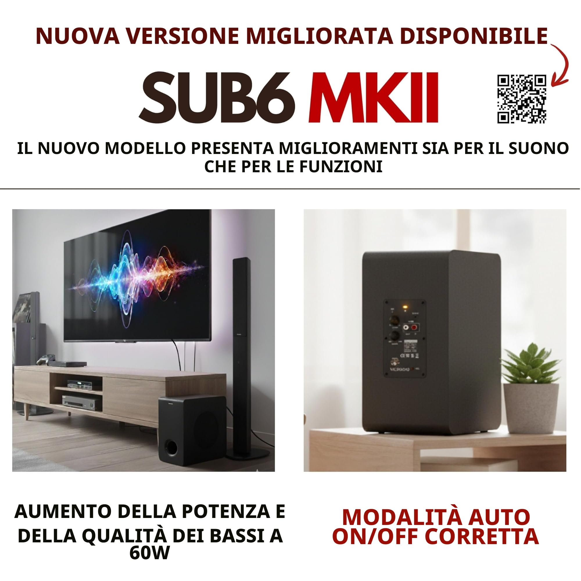 VULKKANO SUB6 Subwoofer Attivo da 6.5 Pollici, Frequenza 60Hz-250Hz