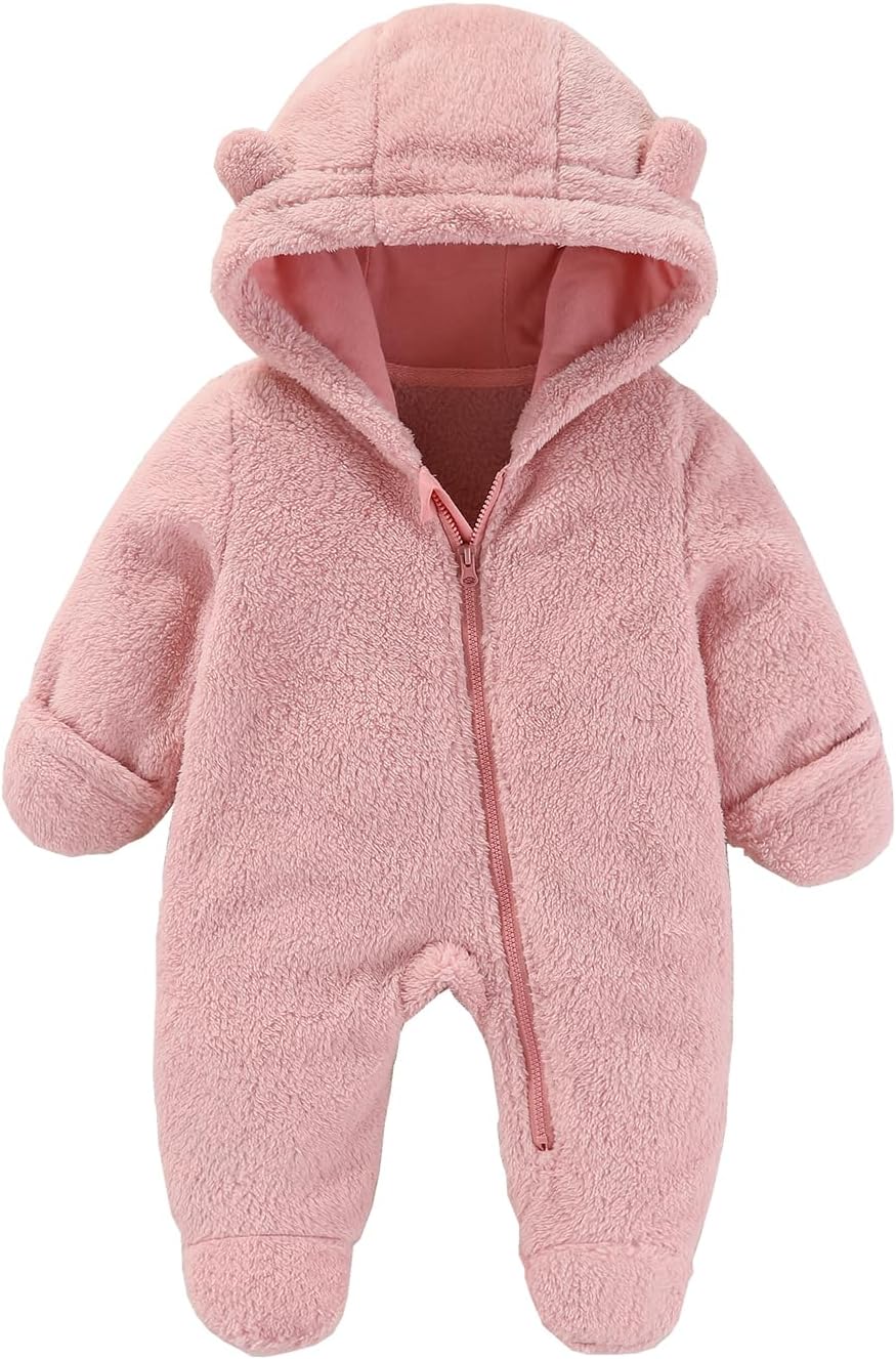 Baby Fleece Snowsuit, Infant Winter Coat, Hooded Long Sleeve Baby Rompers Jumpsuit with Footies