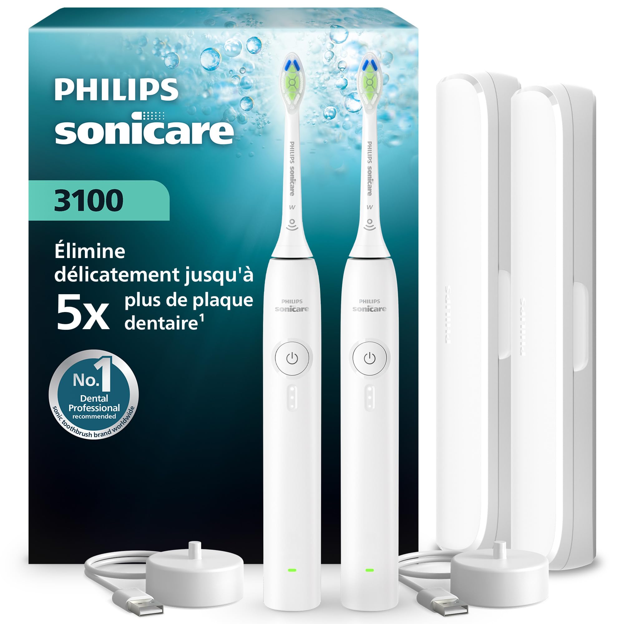 Brosse à dents électrique Philips Sonicare série 3100 – capteur de pression, 3 intensités, EasyStart, SmarTimer, autonomie 14 j, étui de voyage, pack de 2, coloris blanc, HX4072/41, [Nouveau]