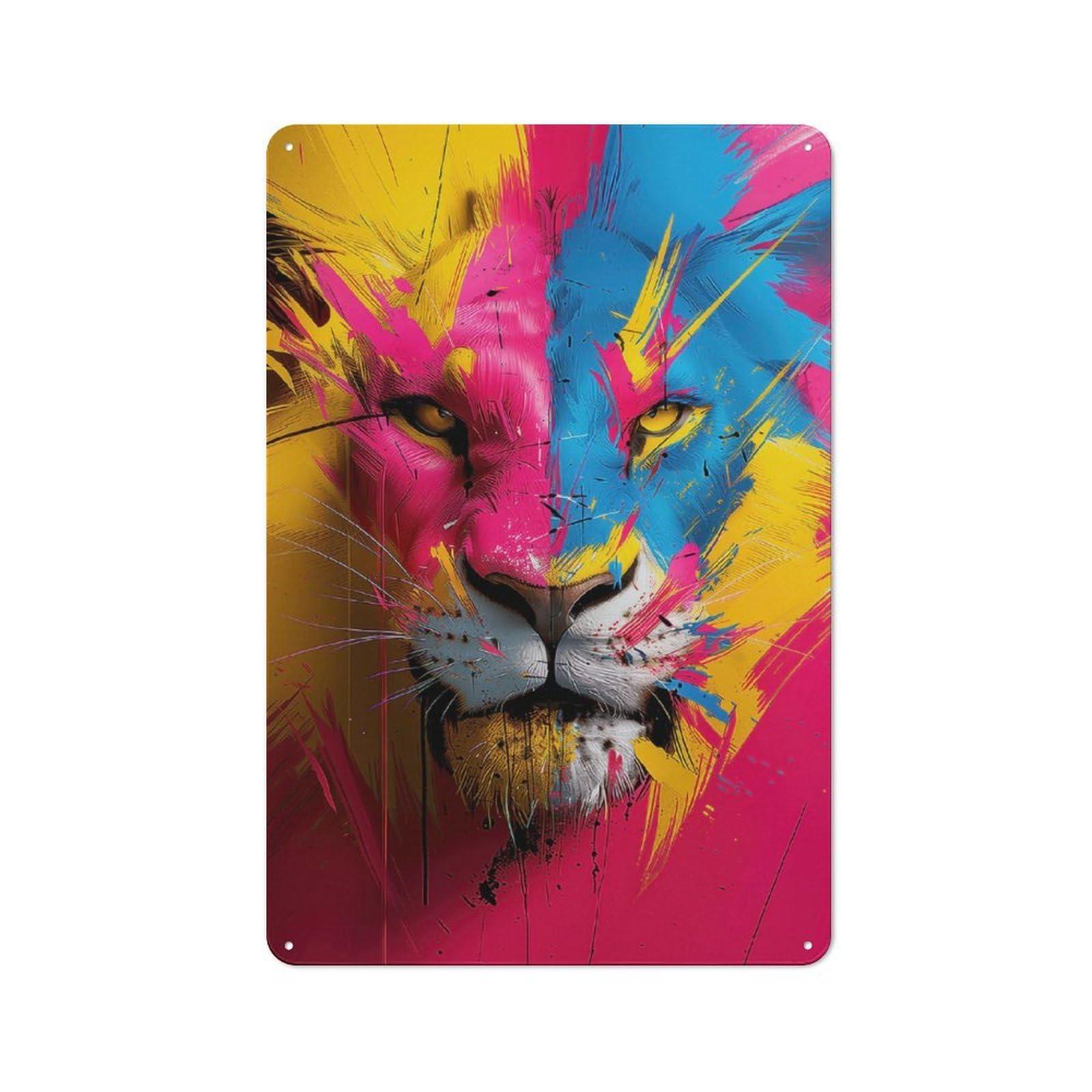 Colorful Lion Portrait Metal Wall Plaque 30x20cm, Simple Retro Office Wall Decor for Office, Study, Studio Or Hallway