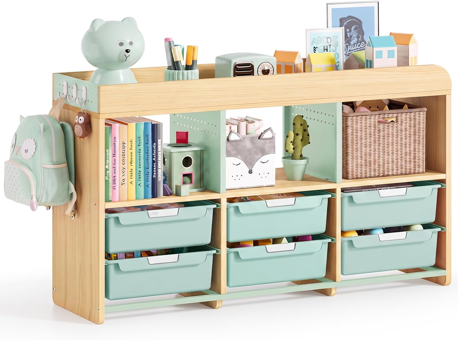 APEXCHASER Toy Storage Organizer with 6 White Bins - Wooden Playroom Storage Cabinet for Toys, Books & Art Supplies, Green