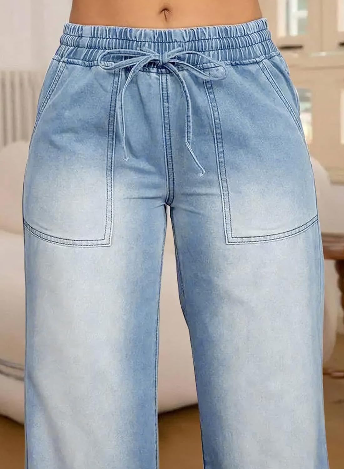 Eytino Womens Plus Size Jeans High Waisted Straight Leg Wide Leg Jean Trendy Stretchy Drawstring Denim Pants(1X-5X) - Image 2