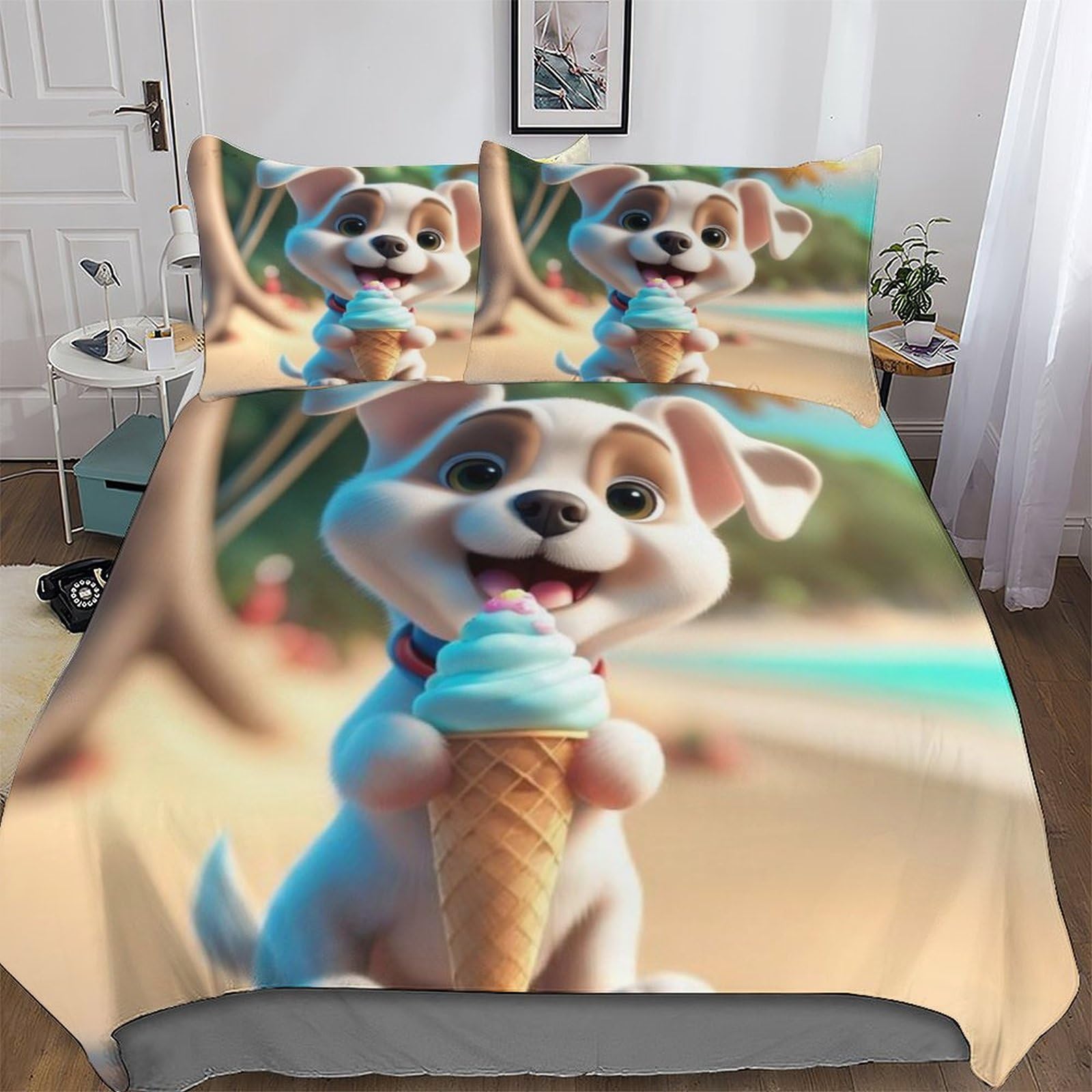 Parure de lit chien 3 pièces housse de couette 200x200cm drap housse taies enfants