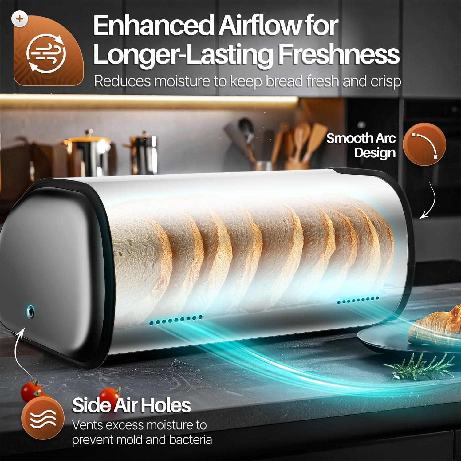 Flexzion Stainless Steel Bread Box For Kitchen Countertop (13 inch) Metal Roll Up Top Lid Storage Container Bin Keeper for Cake Buns Toasts Loaves Pastries Pancakes, Ideal for Restaurant Home Kitchen