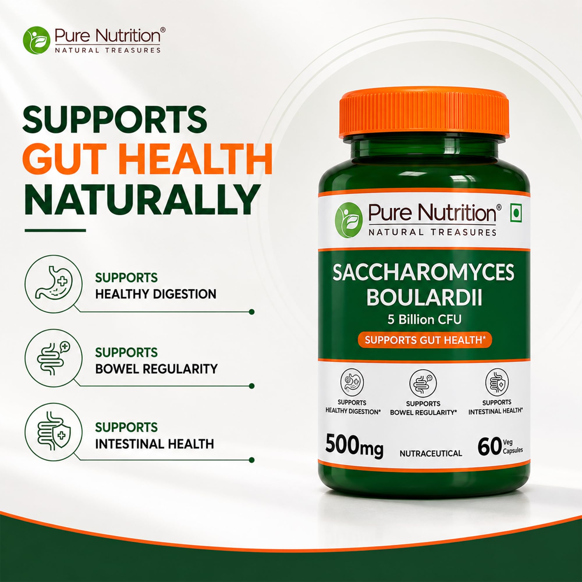 Pure Nutrition Saccharomyces Boulardii 5 Billion CFU 500mg | Saccharomyces Boulardii Probiotic Supplement | Supports Gut Health, Digestive Balance, Gut Flora & Immune Health | 60 Veg Capsules — Amazon image 3
