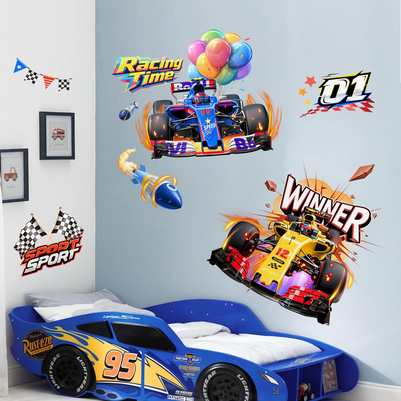 Supzone Large Racing Car Wall Stickers Speeding Racing Car Peel and Stick Wall Art Decals for Boys Kids Bedroom Playroom Decor - Image 2
