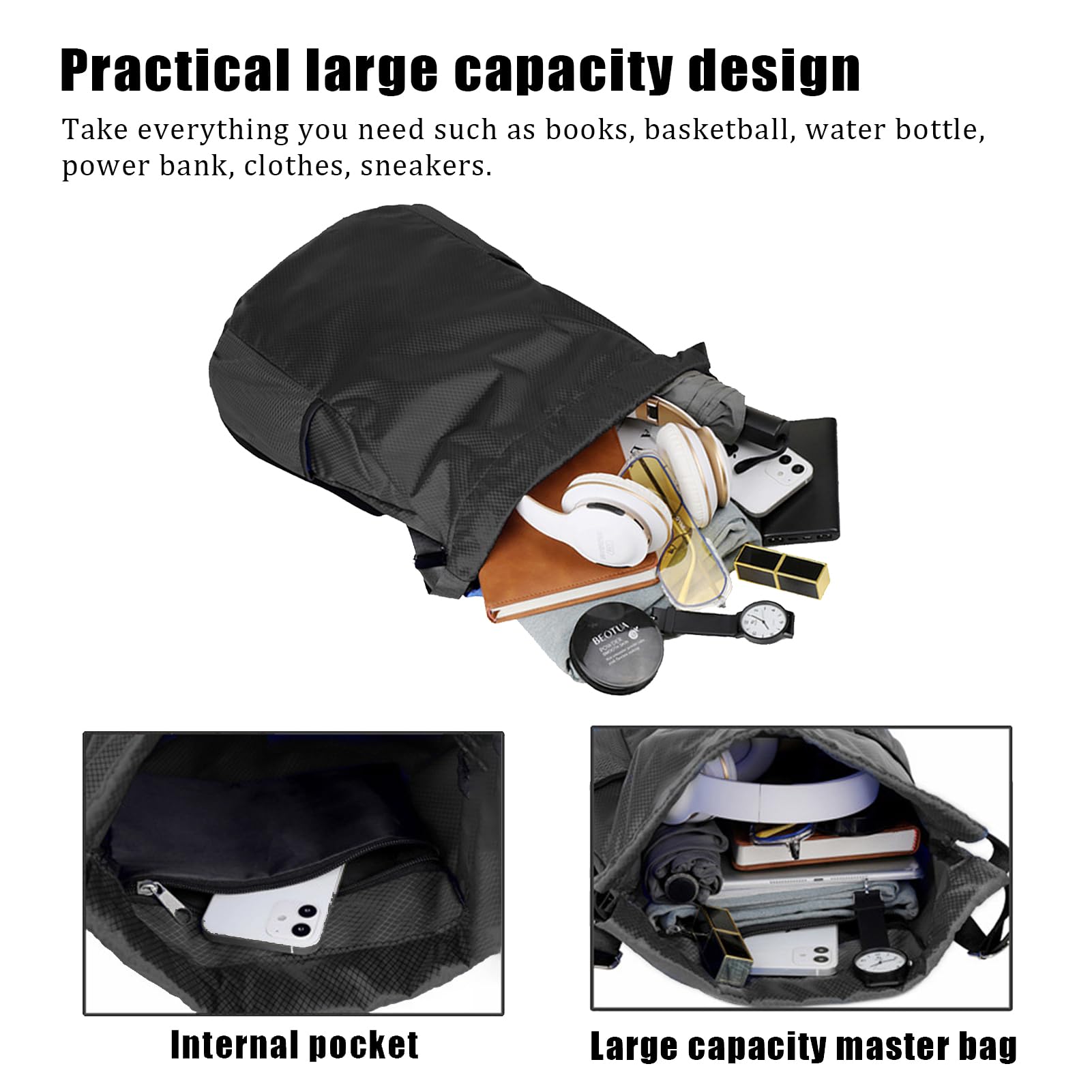 huipinghu Large Capacity Drawstring Backpack, Black - Image 2