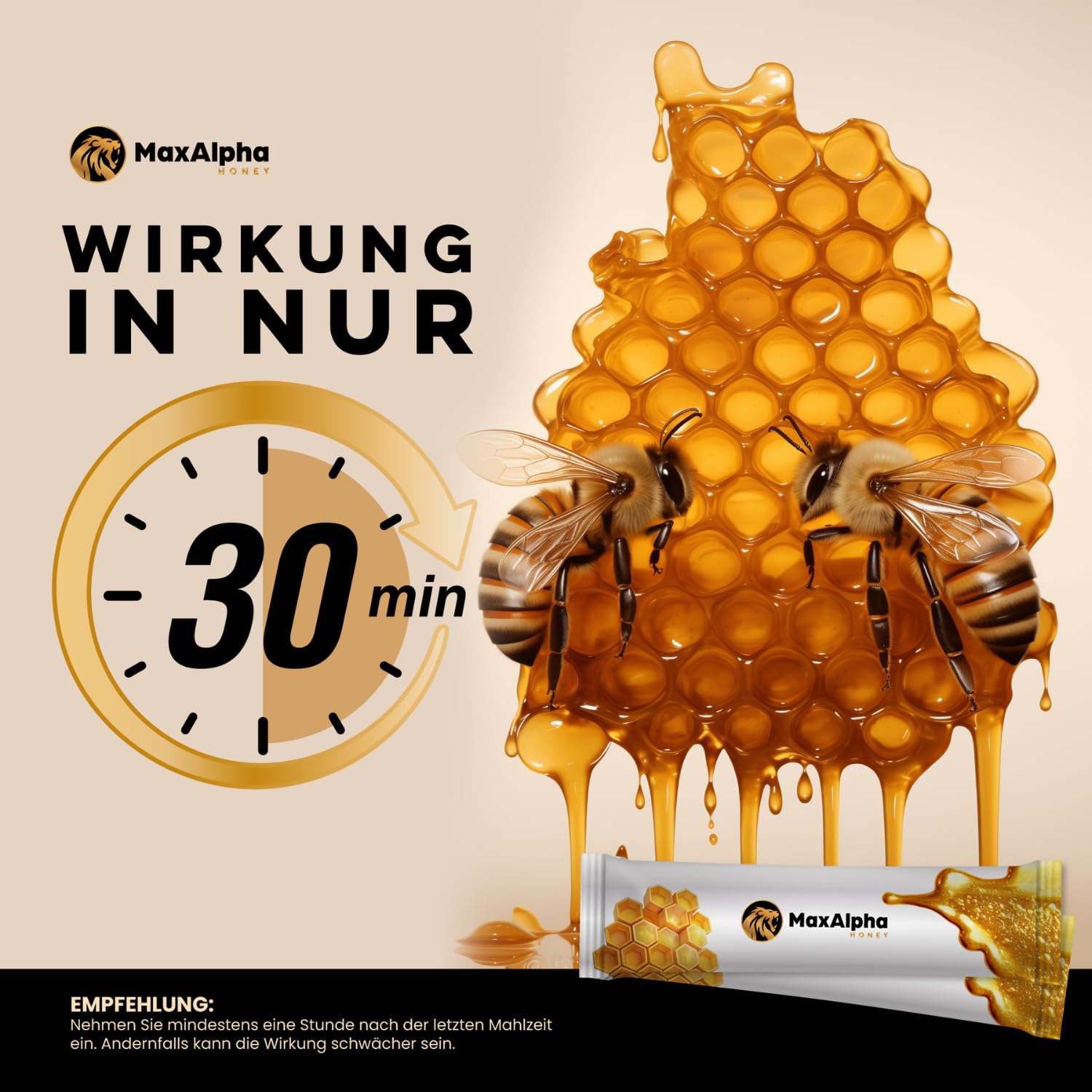 MaxAlpha Honey mit Ginseng-Extrakt & Vitamin B1 and B2 – 100% reiner Kräuterhonig | 6 Beutel à 15g | Natürliche Formel | Extra stark & sofortige Energie – Für aktive Männer & besondere private Momente