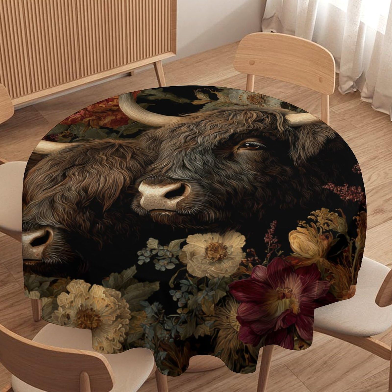 LUYYSKY Retro Beautiful Highland Cow Round Tablecloth Classic Western William Morris Plant Floral Animal Cow Pattern Washable Decor for Table Cover for Kitchen-177.8" Wx177.8 L cm