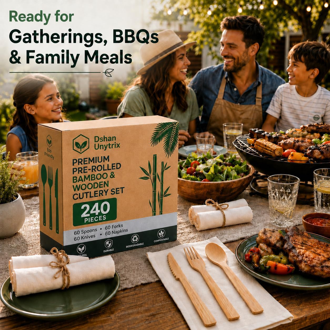 pre rolled 60 Pack Bamboo Cutlery Set with Napkins, 240 Piece Disposable Wooden Utensils, Heavy Duty Forks, Knives & Spoons, Biodegradable Eco-Friendly Flatware for Weddings, Parties & catering
