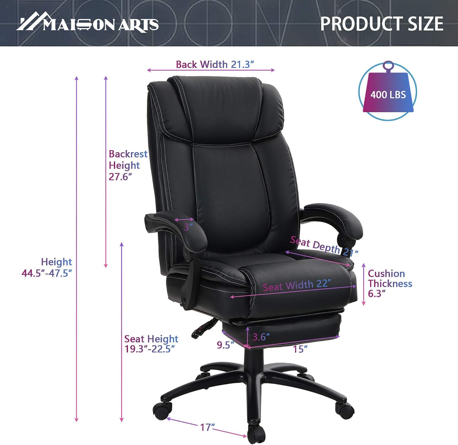 MAISON ARTS High Back Bonded Leather Reclining Office Chair Task Chair, Heavy Duty Executive Massage Computer Desk Chair with Retractable Footrest and Metal Base for Home Office
