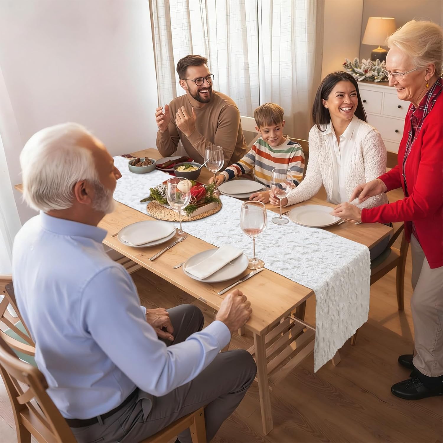 Roshtia Winter Snowflake Table Runner Soft Plush Faux Fur Jacquard Snowflake Tabletop Runner 13 x 72 Inch Winter Kitchen Dining Table Decor for Home Indoor Outdoor Holiday Party Decor(White)