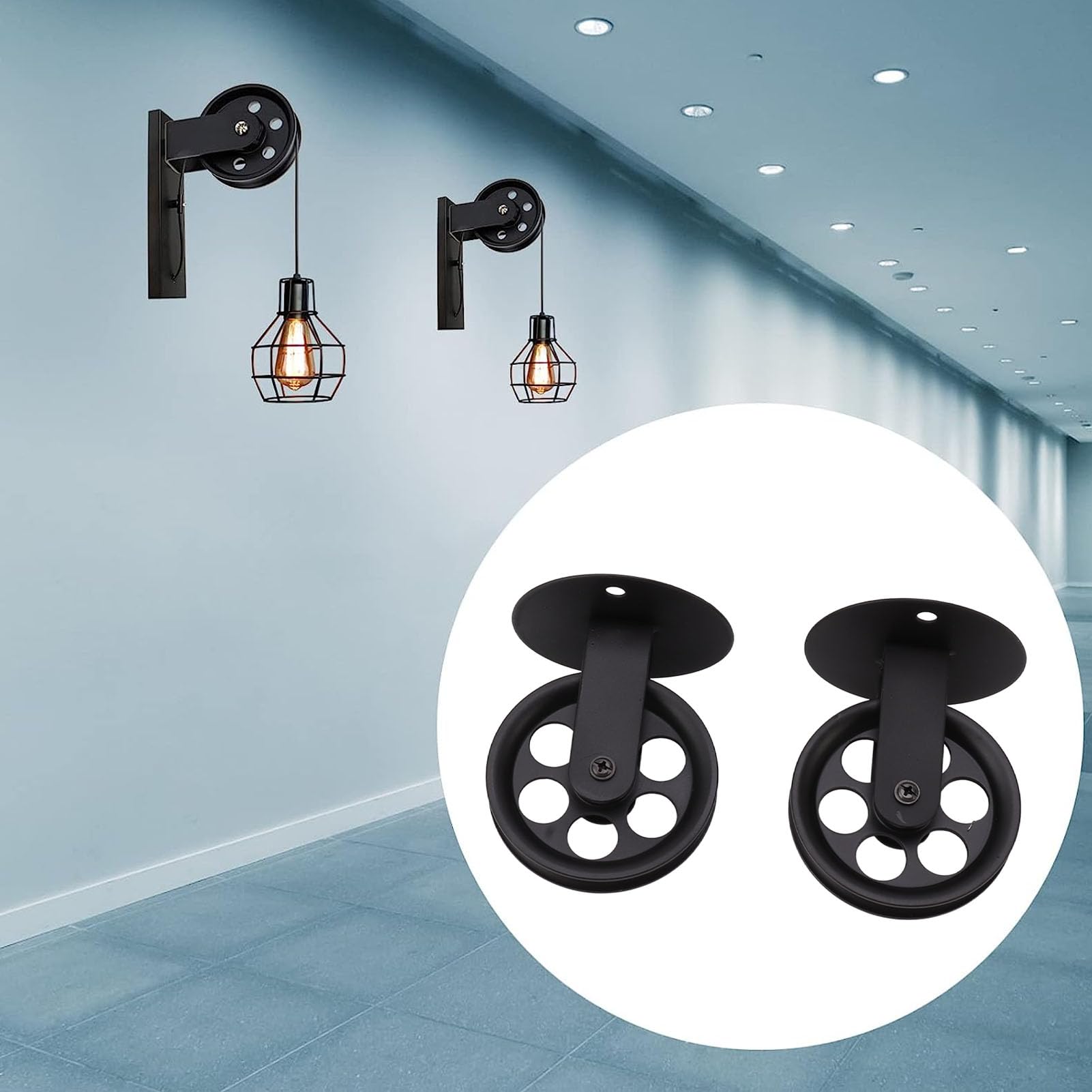 Topyond 2 Pièces Roues De Poulie Industrielles pour Grange à Brancher Lampe Suspendue Robuste Et Durable Support De Plafond Mural Vintage Poulies De Remorquage De Levage Noir